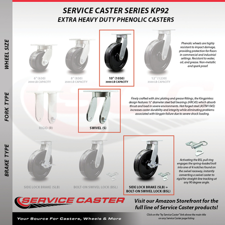 Service Caster 10 Inch Heavy Duty Phenolic Wheel Caster Set with Brakes and Swivel Locks, 4PK SCC-KP92S1030-PHR-SLB-BSL-4